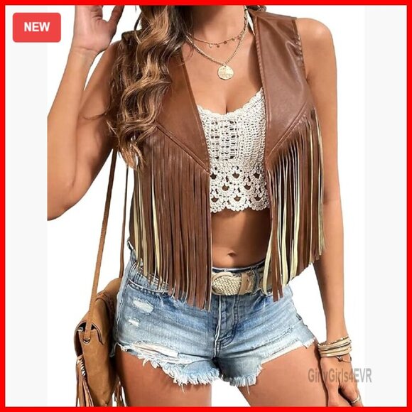 Jackets & Blazers - Western Fringe PU Leather Vest Sleeveless Cropped Cardigan Boho 70s Hippie